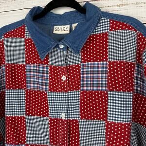 Womens VTG Quizz Red White Blue USA Plaid Patchwork Denim SS Button Up Blouse 24
